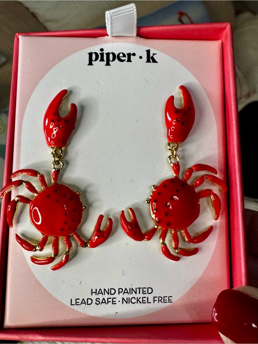 Piper.k Red Hand-Painted Crab Drop Earrings